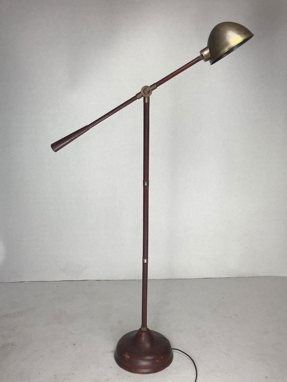 Image 1 of Met leer omwikkelde en gestikte vloerlamp van Jacques Adnet, 1970S