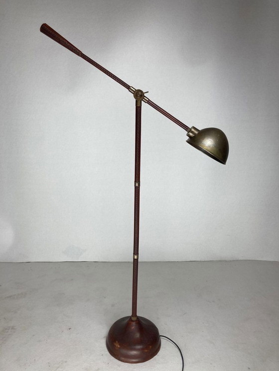 Image 1 of Met leer omwikkelde en gestikte vloerlamp van Jacques Adnet, 1970S