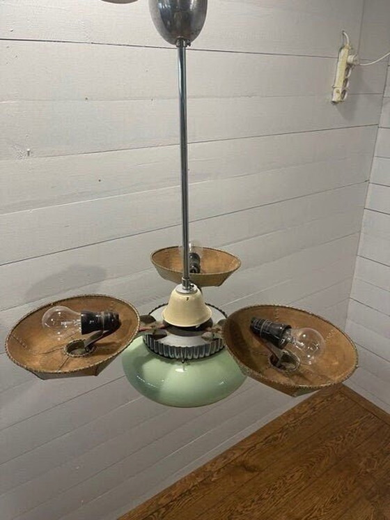 Image 1 of Unieke Spoetniklamp. Glas en ijzer met lederen tinten