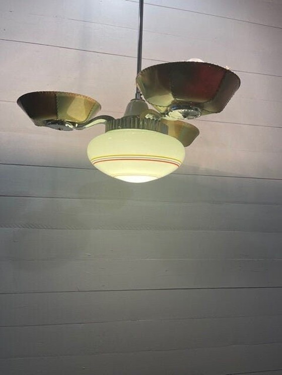 Image 1 of Unieke Spoetniklamp. Glas en ijzer met lederen tinten