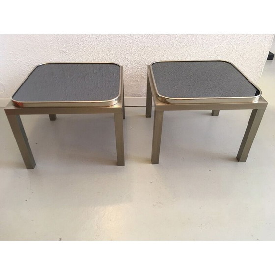 Image 1 of Paar vintage bijzettafels van geborsteld staal en glas 1970's