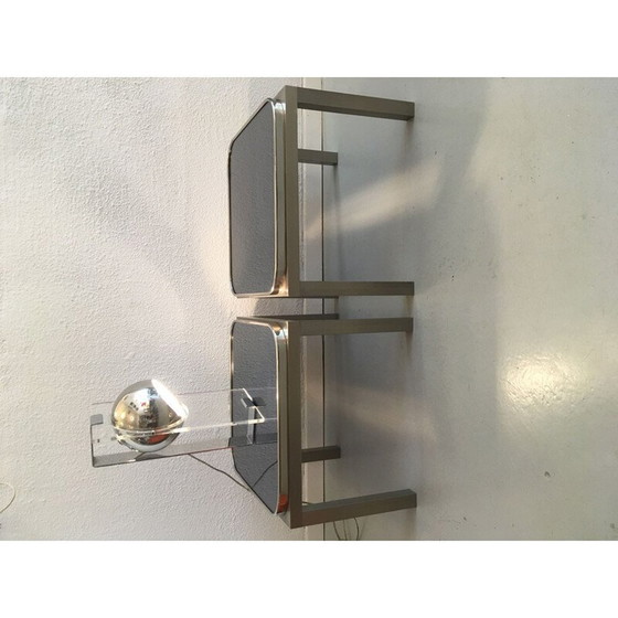 Image 1 of Paar vintage bijzettafels van geborsteld staal en glas 1970's