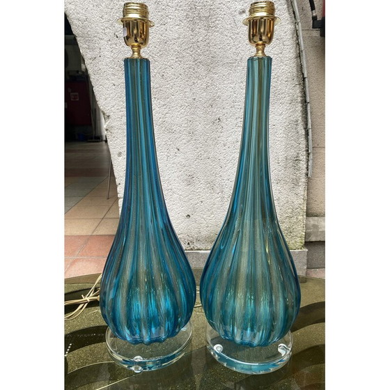 Image 1 of Paar vintage lampen in blauw en goud Murano glas van Toso