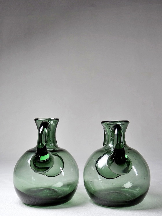 Image 1 of Duo vintage olie en azijn Cruet, getint geblazen glas