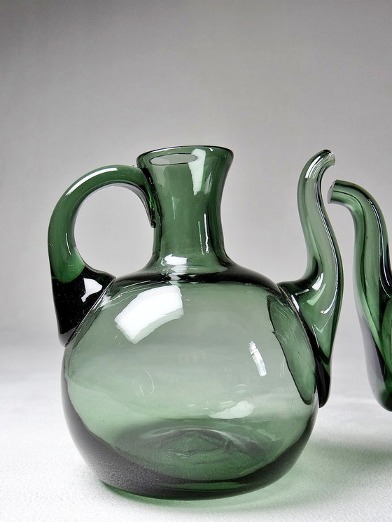 Image 1 of Duo vintage olie en azijn Cruet, getint geblazen glas