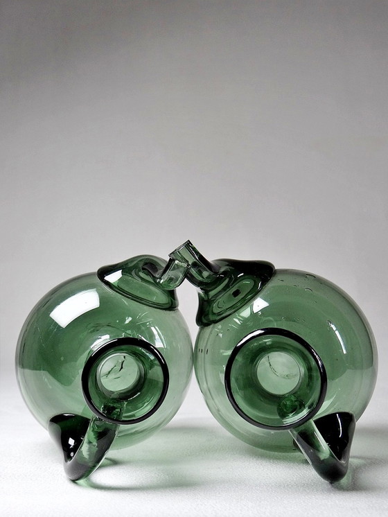 Image 1 of Duo vintage olie en azijn Cruet, getint geblazen glas