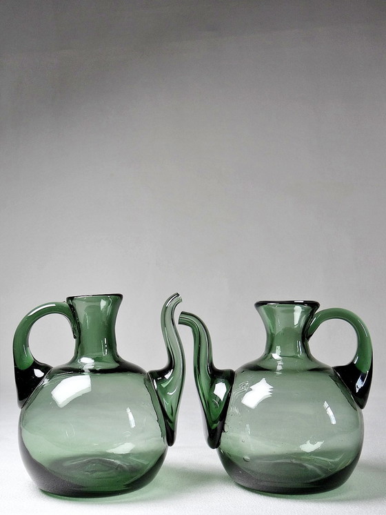 Image 1 of Duo vintage olie en azijn Cruet, getint geblazen glas