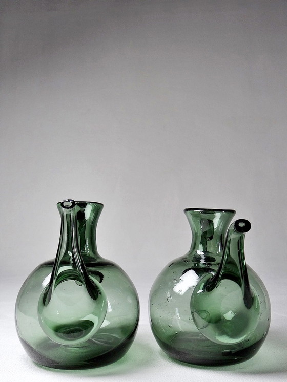 Image 1 of Duo vintage olie en azijn Cruet, getint geblazen glas