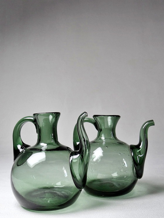 Image 1 of Duo vintage olie en azijn Cruet, getint geblazen glas