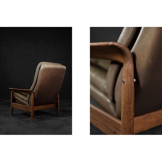 Image 1 of Vintage fauteuil in teakhout en bruin leer, Denemarken 1960