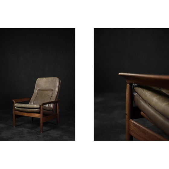 Image 1 of Vintage fauteuil in teakhout en bruin leer, Denemarken 1960