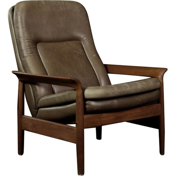 Image 1 of Vintage fauteuil in teakhout en bruin leer, Denemarken 1960