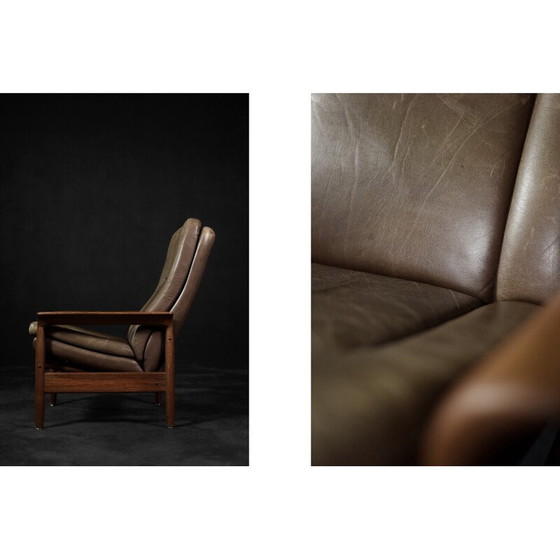 Image 1 of Vintage fauteuil in teakhout en bruin leer, Denemarken 1960