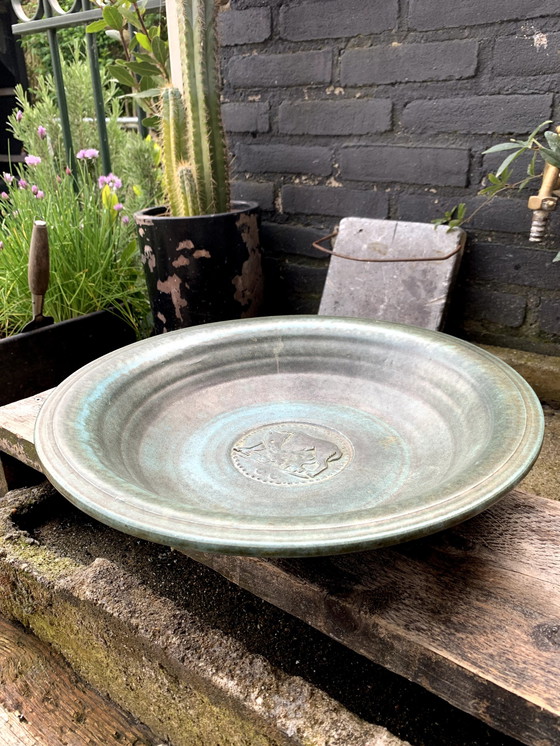 Image 1 of Grote Groene Majolica Schaal | Reliëf Romulus En Remus