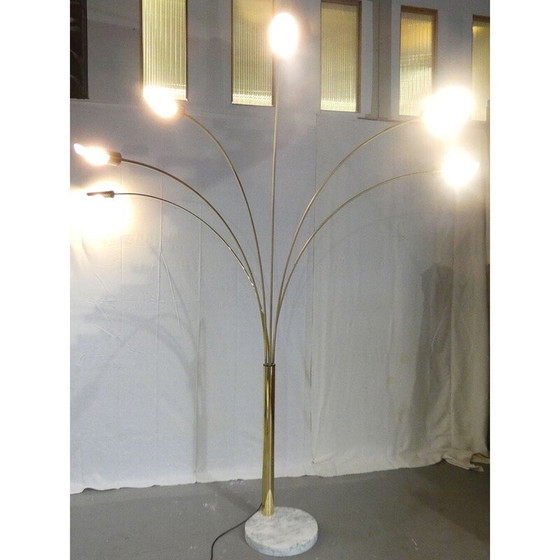 Image 1 of Vintage Arco vloerlamp in massief messing en Carrara marmer met 6 takken, Italië 1970