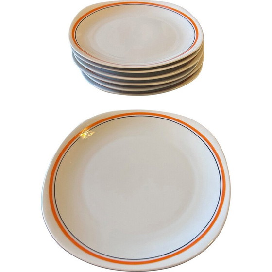 Set van 12 vintage borden met oranje rand voor Porcelaine du Berry, 1970 – Tafelaccessoires