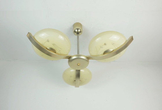 Image 1 of art deco KANDELIER met 3 glazen kappen jaren 1930 40