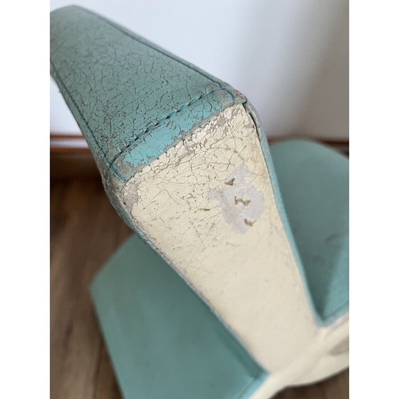 Image 1 of Vintage Wave haardstoel in hout en blauw kunstleer