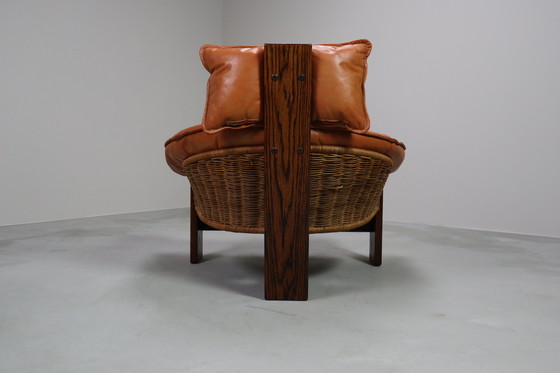 Image 1 of Vintage Tripod Lounge Chair In Leather, Rattan And Oak