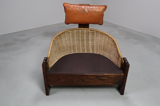 Image 1 of Vintage Tripod Lounge Chair In Leather, Rattan And Oak