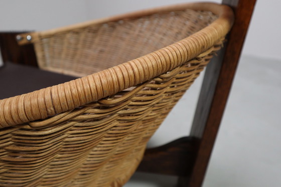 Image 1 of Vintage Tripod Lounge Chair In Leather, Rattan And Oak