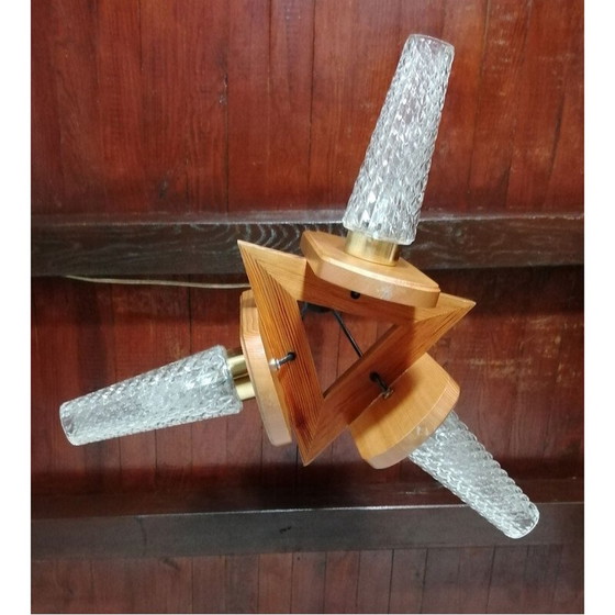 Image 1 of Vintage kroonluchter met 3 takken van glas en gelakt hout, 1960