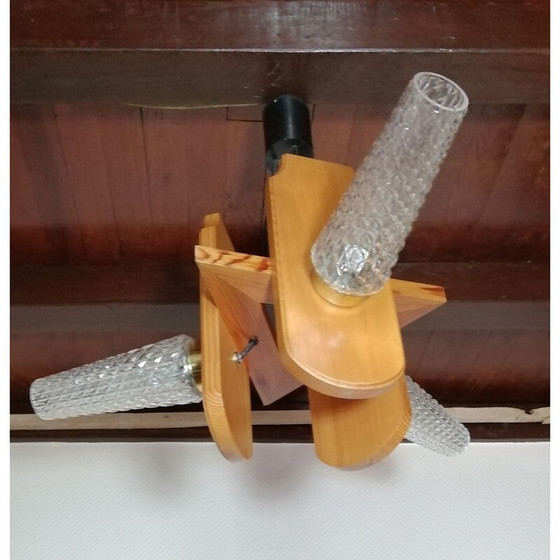Image 1 of Vintage kroonluchter met 3 takken van glas en gelakt hout, 1960