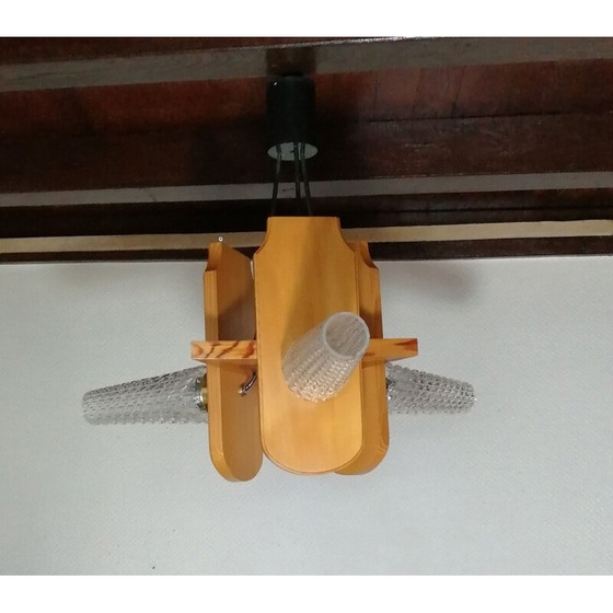 Image 1 of Vintage kroonluchter met 3 takken van glas en gelakt hout, 1960