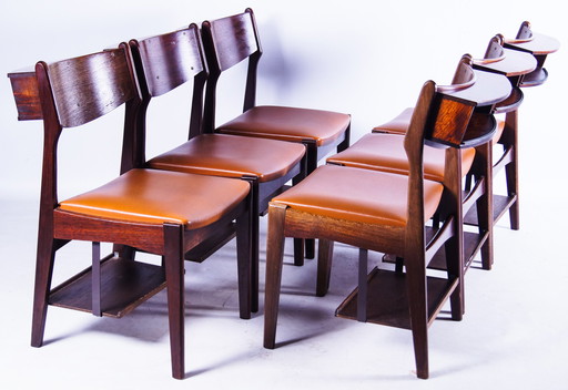 6x Vintage teak & palissander design privé schoolstoelen