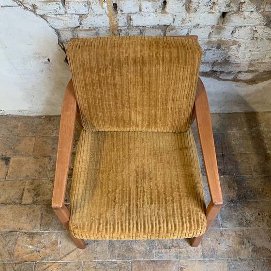 Image 1 of lucht van Scandinavische fauteuil in hout en mosterdgele corduroy stof, jaren 1960-70