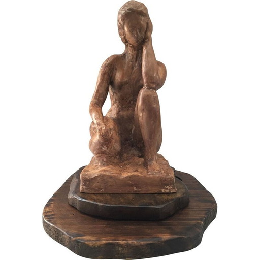 Vintage sculptuur "Naakte geknielde vrouw" van klei, Frankrijk 1950