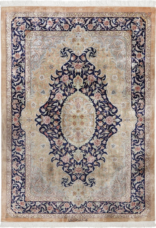 Origineel Perzisch tapijt Qom/Ghom Zuiver zijde 140 X 98 Cm Top staat