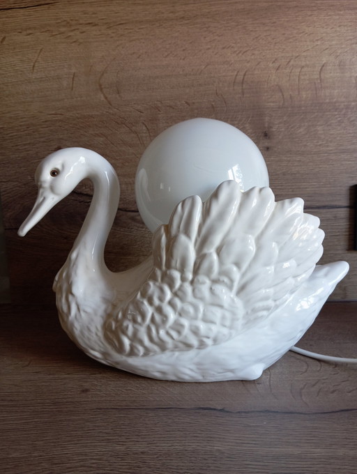 Sculpturale Tafellamp Vintage Zwaan Wit Keramiek, Shabby Chic