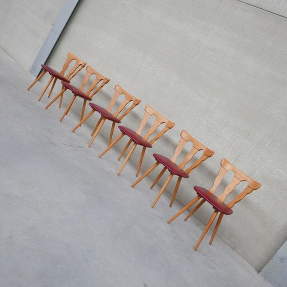 Image 1 of Set van 22 vintage Run café stoelen van hout en leer, Nederland 1970