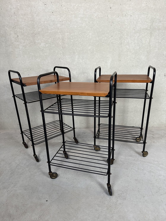 Image 1 of 3x vintage bijzettafel / 70’s trolley in teak