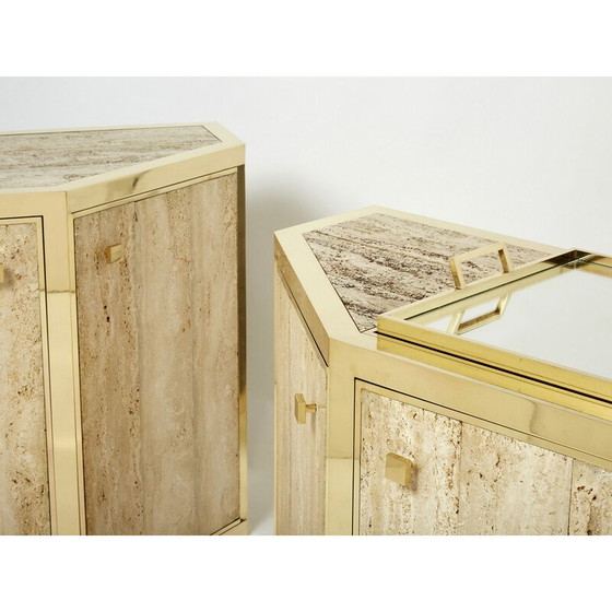 Image 1 of Paar vintage koperen en travertijnen kasten van Alfredo Freda voor Cittone Oggi, Italië 1975