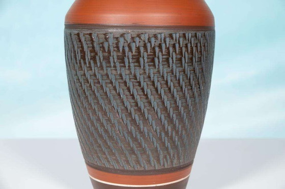 Image 1 of Vintage handgemaakte Wekara vaas, terra petrol ceramic vase