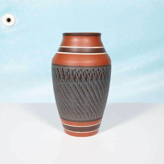 Image 1 of Vintage handgemaakte Wekara vaas, terra petrol ceramic vase