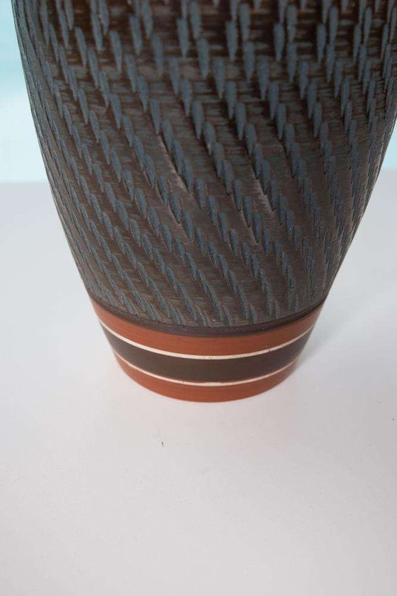 Image 1 of Vintage handgemaakte Wekara vaas, terra petrol ceramic vase