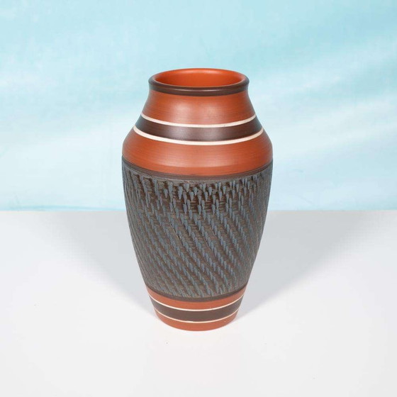 Image 1 of Vintage handgemaakte Wekara vaas, terra petrol ceramic vase