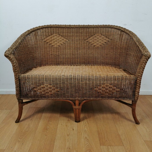 Vintage Rotan, Rattan, Wicker Tweezitsbankje Tuinbankje, Bankje 