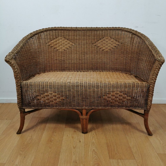 Image 1 of Vintage Rotan, Rattan, Wicker Tweezitsbankje Tuinbankje, Bankje 