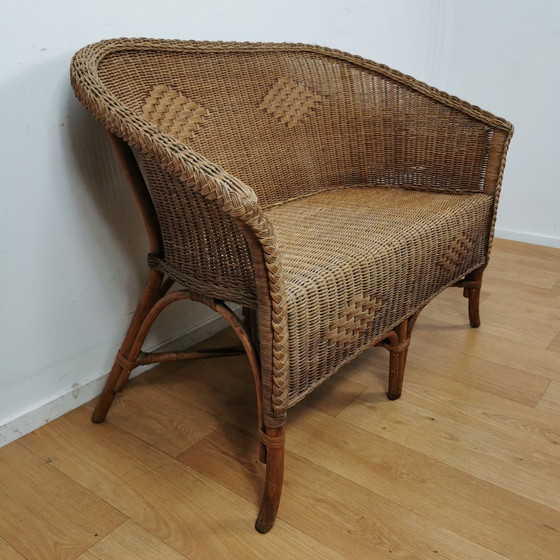 Image 1 of Vintage Rotan, Rattan, Wicker Tweezitsbankje Tuinbankje, Bankje 