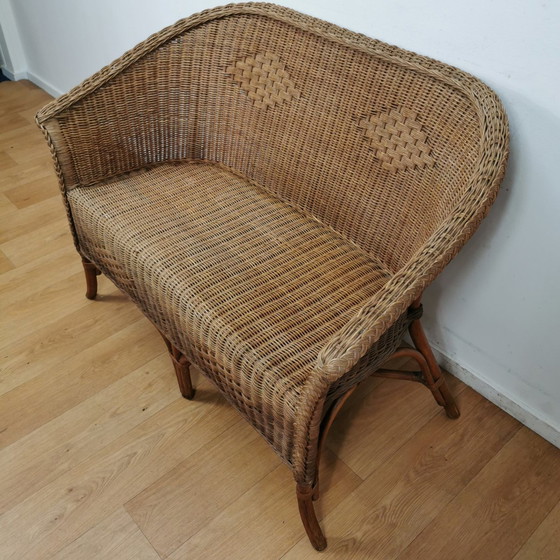 Image 1 of Vintage Rotan, Rattan, Wicker Tweezitsbankje Tuinbankje, Bankje 