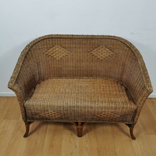 Vintage Rotan, Rattan, Wicker Tweezitsbankje Tuinbankje, Bankje 