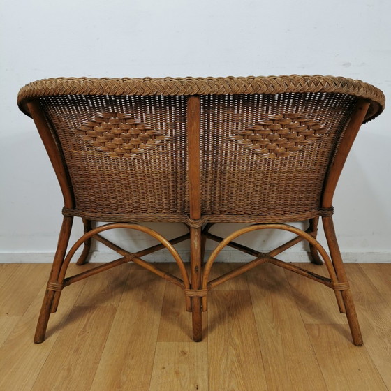 Image 1 of Vintage Rotan, Rattan, Wicker Tweezitsbankje Tuinbankje, Bankje 