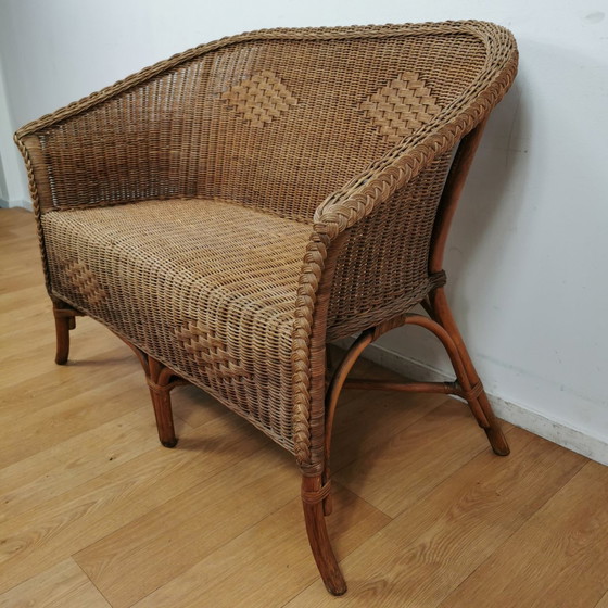 Image 1 of Vintage Rotan, Rattan, Wicker Tweezitsbankje Tuinbankje, Bankje 