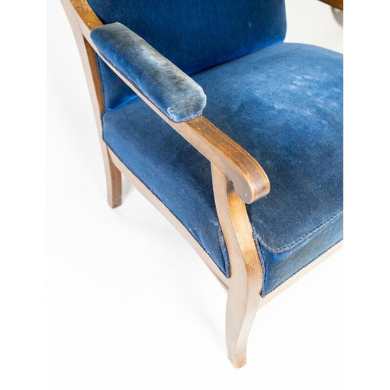 Image 1 of Vintage fauteuil bekleed met blauw fluweel en mahonie van Frits Henningsen