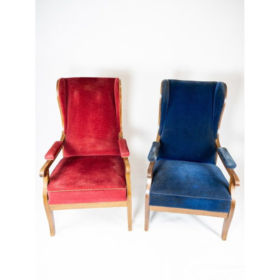 Image 1 of Vintage fauteuil bekleed met blauw fluweel en mahonie van Frits Henningsen