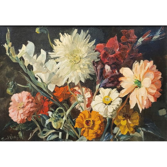 Image 1 of Oude olieverf op paneel met een stilleven en een boeket bloemen van Paul Robert Bazé, Frankrijk